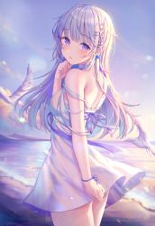 Rule 34 | 1girl, :o, animal, bare arms, bare shoulders, bird, blush, braid, choker, commentary request, dress, from behind, hair ornament, hairclip, highres, horizon, kawami nami, looking at viewer, looking back, mountain, ocean, original, outdoors, parted lips, purple eyes, silver hair, sleeveless, sleeveless dress, solo, standing, sunset, white choker, white dress