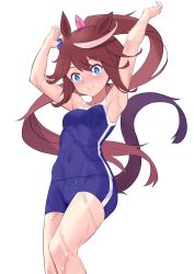 Rule 34 | 1girl, absurdres, animal ears, armpits, arms up, bare arms, bare shoulders, blue eyes, blue one-piece swimsuit, blush, breasts, brown hair, closed mouth, collarbone, commentary request, covered navel, feet out of frame, hair between eyes, hair ribbon, highres, horse ears, horse girl, horse tail, jilu, multicolored hair, nose blush, one-piece swimsuit, pink ribbon, ponytail, ribbon, simple background, small breasts, smile, solo, streaked hair, swimsuit, tail, thighs, tokai teio (umamusume), umamusume, wet, white background, white hair