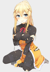 Rule 34 | 10s, 1girl, 3:, bad id, bad pixiv id, between legs, blonde hair, blue eyes, blush, bodysuit, bow, breast hold, breasts, breath, collarbone, darkness (konosuba), eyebrows, full body, gloves, grey background, hair between eyes, hair ornament, hairclip, half-closed eyes, hand between legs, hand on own arm, highres, kono subarashii sekai ni shukufuku wo!, large breasts, long hair, looking to the side, omochi no kimochi, parted lips, ponytail, red bow, red ribbon, ribbon, see-through, simple background, sitting, skirt, solo, suggestive fluid, torn clothes, wariza, wrist cuffs, x hair ornament