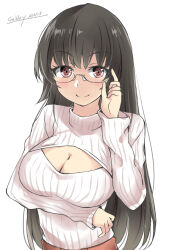 Rule 34 | 1girl, alternate costume, black hair, breasts, choukai (kancolle), cleavage, gakky, kantai collection, long hair, medium breasts, meme attire, one-hour drawing challenge, open-chest sweater, red eyes, ribbed sweater, solo, sweater, turtleneck, upper body, white sweater