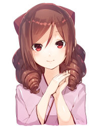 Rule 34 | 10s, 1girl, blush, bow, brown hair, drill hair, hair bow, harukaze (kancolle), japanese clothes, kantai collection, kimono, long hair, long sleeves, looking at viewer, meiji schoolgirl uniform, meth (emethmeth), own hands together, red eyes, smile, solo, twin drills