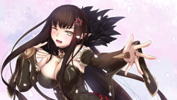 Rule 34 | 1girl, anger vein, black hair, blush, breasts, bridal gauntlets, cleavage, elbow gloves, fate/apocrypha, fate (series), fur trim, gloves, large breasts, long hair, one eye closed, open mouth, outstretched hand, petals, pointy ears, semiramis (fate), solo, spikes, very long hair, wince, yellow eyes, yoshida takuma