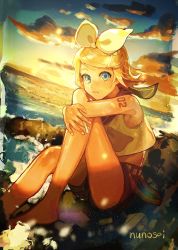 Rule 34 | artist name, backlighting, bad id, bad twitter id, bare arms, bare shoulders, barefoot, blonde hair, blue eyes, bow, cloud, crop top, dusk, dutch angle, faux traditional media, foaming waves, hair bow, hair ornament, hairclip, highres, hugging own legs, kagamine rin, knee up, knees to chest, leg up, looking at viewer, number tattoo, nunosei, ocean, orange theme, parted lips, rock, sailor collar, sailor shirt, shirt, shorts, shoulder tattoo, sitting, sky, sleeveless, sleeveless shirt, sunset, tattoo, vocaloid, white bow, yellow sky