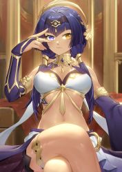 Rule 34 | 1girl, bare shoulders, black hairband, blue hair, breasts, bridal gauntlets, bright pupils, brooch, candace (genshin impact), cleavage, closed mouth, crossed legs, dark-skinned female, dark skin, detached sleeves, egyptian clothes, eye of horus, feet out of frame, forehead jewel, gem, genshin impact, gold choker, gold trim, hair ornament, hair over shoulder, hair tubes, hairband, hand up, hetero, highres, jewelry, leaning back, linreplica, looking at viewer, medium breasts, navel, purple eyes, purple gemstone, short hair with long locks, sidelocks, sitting, solo, stomach, thighlet, thighs, white pupils, yellow eyes