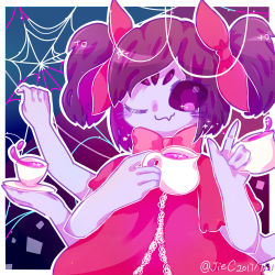 Rule 34 | 1girl, bow, extra arms, extra eyes, fangs, arthropod girl, muffet, purple hair, ribbon, spider girl, tea, twintails, undertale, wink