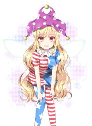 Rule 34 | 1girl, :d, american flag dress, american flag legwear, argyle, argyle background, argyle clothes, asymmetrical clothes, asymmetrical legwear, blonde hair, blush, breasts, clownpiece, commentary request, fairy wings, hands on own knees, hat, jester cap, leaning forward, long hair, looking at viewer, neck ruff, open mouth, pantyhose, pink eyes, polka dot headwear, purple hat, short sleeves, sidelocks, small breasts, smile, solo, striped clothes, striped pantyhose, touhou, uneven legwear, very long hair, walnut (mottimoti), wings