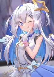Rule 34 | 1girl, ;), ;q, amane kanata, angel wings, blue bow, blue bowtie, blue hair, bow, bowtie, breasts, closed mouth, colored inner hair, dress, gloves, grey hair, hair ornament, hairclip, halo, highres, hololive, looking at viewer, medium breasts, multicolored hair, one eye closed, pink hair, purple eyes, quarterlift, screen, smile, solo, star halo, streaked hair, tongue, tongue out, two side up, upper body, v, virtual youtuber, white dress, white gloves, wings, wrist cuffs