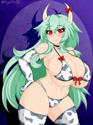 Rule 34 | 1girl, abs, animal print, bikini, blush, bow, breasts, cleavage, commentary, cow print, curvy, english commentary, ex-keine, green hair, heart, heart-shaped pupils, horn ornament, horn ribbon, horns, huge breasts, kamishirasawa keine, long hair, looking at viewer, megamoo, mole, mole on breast, muscular, muscular female, navel, red bow, red eyes, ribbon, sidelocks, smile, solo, swimsuit, symbol-shaped pupils, thick thighs, thighs, touhou