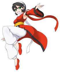 Rule 34 | 1girl, absurdres, armpits, black hair, breasts, commentary request, detached sleeves, dress, fuamiko, green eyes, grin, hair between eyes, hairband, highres, looking at viewer, medium bangs, medium breasts, pants, red dress, red footwear, red sleeves, shoes, short hair, simple background, sleeveless, sleeveless dress, smile, solo, takano kazumi, wasurenagusa (flash), white background, white hairband, white pants