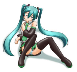 Rule 34 | 1girl, detached sleeves, hatsune miku, kit (studio), long hair, panties, pantyshot, skirt, solo, striped clothes, striped panties, thighhighs, twintails, underwear, upskirt, very long hair, vocaloid