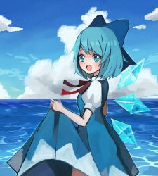 Rule 34 | 1girl, :d, blue bow, blue dress, blue eyes, blue hair, blue sky, bow, cirno, clothes lift, cloud, dress, dress lift, hair bow, highres, horizon, ice, ice wings, lifted by self, looking at viewer, mo 25 mo, open mouth, short hair, short sleeves, sky, smile, solo, standing, touhou, wings