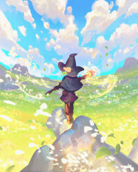 Rule 34 | 1girl, absurdres, black capelet, black dress, black hat, blue sky, boots, brown pantyhose, capelet, cloud, day, dress, facing away, falling leaves, falling petals, flower, from above, from behind, glowing, glowing petals, hat, hat flower, highres, holding, holding staff, knee boots, leaf, original, outdoors, pantyhose, petals, richardlay, rock, scenery, sky, solo, staff, standing, wide shot, witch hat, yellow flower, yellow footwear