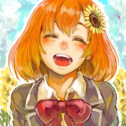 Rule 34 | 1girl, ^ ^, blazer, blue sky, blush, bow, bowtie, closed eyes, cloud, commentary request, day, facing viewer, field, flower, flower field, grey jacket, hair flower, hair ornament, head tilt, himawari honma, honma himawari, jacket, medium hair, nijisanji, open mouth, orange hair, outdoors, parted bangs, red bow, red bowtie, school uniform, shirt, shu-mai, sky, smile, solo, sunflower, sunflower field, sunflower hair ornament, upper body, virtual youtuber, white shirt, wing collar