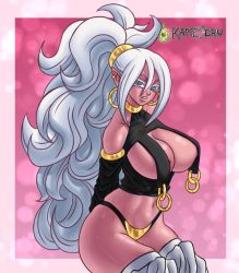 Rule 34 | 1girl, android 21, blue eyes, breasts, colored eyelashes, colored skin, dragon ball, dragon ball fighterz, earrings, female focus, hoop earrings, jewelry, kameseru, large breasts, long hair, majin android 21, monster girl, nipples, pink skin, pointy ears, ponytail, revealing clothes, solo, tail, thick thighs, thighs, white hair