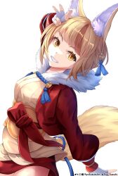 Rule 34 | 1girl, absurdres, animal ear fluff, animal ears, artist name, blonde hair, brown hair, fingerless gloves, fire emblem, fire emblem fates, fox ears, fox tail, gloves, grin, highres, japanese clothes, looking at viewer, multicolored hair, nintendo, ryo-suzuki, selkie (fire emblem), smile, solo, streaked hair, tail, teeth, white background, white gloves