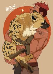 Rule 34 | 1boy, animal, arm tattoo, bara, ear piercing, holding, holding animal, hug, hyena, looking up, male focus, multicolored background, multicolored nails, orange background, original, piercing, red hair, short hair, solo, tattoo, topless male, undercut, yan (bltyann), yellow background