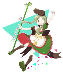 Rule 34 | 1girl, arm up, bamboo, black hat, black thighhighs, blush, character name, dress, frilled dress, frills, full body, green dress, green eyes, green footwear, green hair, hat, hatsushiro mamimu, holding, one eye closed, open mouth, puffy short sleeves, puffy sleeves, shoes, short hair with long locks, short sleeves, smile, solo, teireida mai, thighhighs, touhou