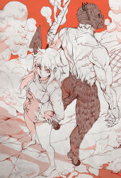 Rule 34 | 1girl, arm at side, artist name, back-to-back, bare legs, barefoot, bottomless, breasts, buttons, commentary, crack, cracked floor, demon, demon horns, demon tail, dorohedoro, double-breasted, dual persona, from above, frown, goat legs, hand on own hip, holding, holding knife, holding weapon, horns, kitchen knife, knife, large breasts, legs apart, long hair, long sleeves, looking at viewer, looking up, mask, monochrome, nikaidou (dorohedoro), nude, pano (pixiv21450527), red eyes, red theme, shadow, short hair, smoke, spoilers, standing, steam, tail, weapon