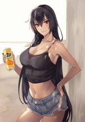 Rule 34 | 1girl, alternate costume, black hair, blush, breasts, can, cleavage, closed mouth, collarbone, cowboy shot, crop top, denim, denim shorts, hair between eyes, hand on own hip, highres, holding, holding can, kantai collection, kasumi (skchkko), large breasts, long hair, looking at viewer, nagato (kancolle), navel, red eyes, shorts, smile, solo