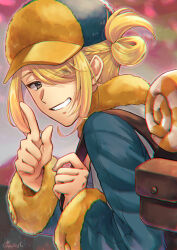 Rule 34 | 1boy, absurdres, backpack, bag, blonde hair, brown bag, chromatic aberration, commentary request, creatures (company), from side, fur-trimmed jumpsuit, fur trim, game freak, grey eyes, grin, hair over one eye, hat, highres, holding strap, index finger raised, jumpsuit, long sleeves, looking at viewer, male focus, minatoya ringo, nintendo, pokemon, pokemon legends: arceus, short hair, smile, solo, teeth, upper body, volo (pokemon), yellow hat