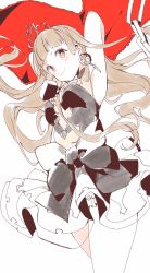 Rule 34 | 1girl, blonde hair, blunt bangs, bow, cape, chain, choker, dress, earrings, highres, ill games22, jewelry, lock, long hair, looking at viewer, orange eyes, partially colored, petticoat, red riding hood (sinoalice), simple background, sinoalice, sketch, smile, solo, tiara, white background