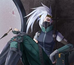Rule 34 | 0sei6, 1girl, against wall, akali, arm rest, black mask, black shirt, breasts, broken glass, dagger, fingerless gloves, glass, gloves, green pants, grey shirt, hair over one eye, headband, highres, holding, holding dagger, holding knife, holding weapon, knee pads, knees up, knife, kunai, league of legends, looking at viewer, mask, mouth mask, ninja mask, pants, red eyes, shirt, silver hair, silverfang akali, single sleeve, sitting, solo, striped headband, weapon
