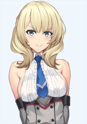 Rule 34 | 1girl, arms behind back, bare shoulders, blonde hair, blue background, blue eyes, blue necktie, braid, breasts, colorado (kancolle), commentary request, dress, elbow gloves, gloves, grey dress, highres, kantai collection, looking at viewer, medium breasts, necktie, pak ce, shirt, short hair, side braids, sideboob, sleeveless, smile, solo, v-shaped eyebrows, white shirt