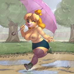 Rule 34 | 1girl, :3, animal crossing, animal ears, artist name, black thighhighs, blonde hair, blue eyes, blue skirt, blush stickers, boots, breasts, claws, collarbone, dog ears, dog girl, dog tail, fang, female focus, full body, furry, furry female, grass, green footwear, grey sky, hair tie, hand up, happy, holding, isabelle (animal crossing), kevinsano, large breasts, looking at viewer, miniskirt, nintendo, nipples, one eye closed, open mouth, outdoors, pencil skirt, puddle, rain, running, short hair, signature, skirt, sky, smile, solo, tail, thighhighs, topfreedom, topknot, topless, tree, umbrella, wet, wink, zettai ryouiki