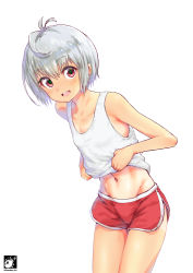 Rule 34 | 1girl, :d, ahoge, antenna hair, bare shoulders, breasts, clothes lift, commentary request, cowboy shot, highres, leaning forward, looking at viewer, midriff, navel, open mouth, original, red eyes, red shorts, shirt, shirt lift, shokubai phantom girl, short hair, short shorts, shorts, side slit, simple background, small breasts, smile, solo, tan, tank top, tanline, white background, white hair, white shirt