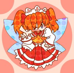 Rule 34 | 1girl, ascot, blue eyes, blush stickers, bow, chibi, dress, fang, hair bow, hand on own hip, one eye closed, open mouth, orange hair, ribbon, short hair, smile, solo, sunny milk, touhou, twintails, wings, ziogon