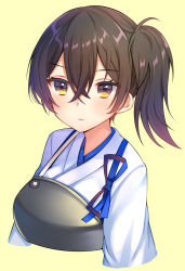 Rule 34 | 10s, 1girl, blush, brown eyes, brown hair, closed mouth, crossed bangs, highres, japanese clothes, kaga (kancolle), kantai collection, kimono, looking at viewer, muneate, nan (jyomyon), side ponytail, simple background, solo, upper body, white kimono, yellow background