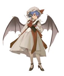 Rule 34 | 1girl, adapted costume, ascot, bat wings, black footwear, blue hair, commentary, cup, drinking glass, full body, hair between eyes, hat, high heels, highres, holding, holding cup, large wings, mob cap, open mouth, pantyhose, red ascot, red eyes, red wine, remilia scarlet, short hair, simple background, sjudchvd, solo, symbol-only commentary, touhou, white background, white hat, white pantyhose, wine, wine glass, wings
