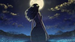 Rule 34 | 1girl, amamiya yumi, ass, black hair, burn scar, cloud, facing away, from behind, from below, full moon, hikage monogatari, medium hair, moon, moonlight, nerdy girl&#039;s story, night, night sky, one-piece swimsuit, outdoors, partially submerged, scar, sky, solo, standing, swimsuit, urin, wading, water