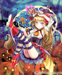 Rule 34 | 1girl, arm up, ascot, bare shoulders, blonde hair, blue eyes, blunt bangs, boots, bow, copyright name, corset, detached sleeves, full body, gingerbread man, glowing, glowing eyes, hat, heart, holding, holding weapon, jack-o&#039;-lantern, kuroi nyan, long hair, multicolored eyes, official art, panties, pink eyes, ponytail, pumpkin, purple thighhighs, ribbon, senjou no electro girl, skirt, smile, solo, star (symbol), striped clothes, striped thighhighs, thighhighs, underwear, very long hair, wand, weapon, witch hat