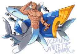 Rule 34 | 1boy, animal, arm up, artist name, beard, blonde hair, blue eyes, chest hair, colored skin, commentary, completely nude, cross scar, dorsal fin, english commentary, english text, facial hair, fins, fish, full body, gills, grey skin, hand up, head fins, highres, holding, holding shield, looking afar, male focus, merman, mondoart, monster boy, multicolored skin, muscular, muscular male, nude, original, pointy ears, salute, scar, scar on arm, scar on chest, scar on face, scar on nose, scar on stomach, shark, shark boy, shield, short hair, simple background, smile, solo, thick eyebrows, very short hair, watermark, white background, white skin