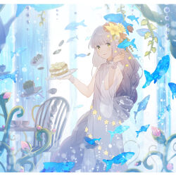 Rule 34 | 1girl, absurdres, air bubble, blush, braid, bubble, cake, chair, cookie, cupcake, dress, fish, flower, food, grey hair, hair flower, hair ornament, highres, holding, holding plate, long hair, looking to the side, mkt ocha, original, parted lips, plate, see-through, see-through dress, sleeveless, sleeveless dress, smile, solo, table, underwater, very long hair, yellow eyes