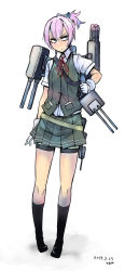 Rule 34 | 10s, 1girl, angry, blue eyes, full body, gloves, hair ornament, kantai collection, neck ribbon, pink hair, pleated skirt, ponytail, red ribbon, ribbon, shiranui (kancolle), short hair, sigama, simple background, skirt, solo, torpedo, turret, white background
