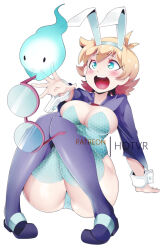 Rule 34 | 1girl, alternate breast size, animal ears, arm support, black footwear, blonde hair, blush, breasts, cleavage, english text, fake animal ears, freckles, full body, glasses, hair between eyes, hot vr, jacket, leaning back, leotard, little witch academia, long sleeves, lotte jansson, medium breasts, open mouth, pixiv username, playboy bunny, purple jacket, rabbit ears, semi-rimless eyewear, short hair, simple background, sitting, solo, teeth, thick thighs, thighs, tongue, upper teeth only, white background, worried, wrist cuffs