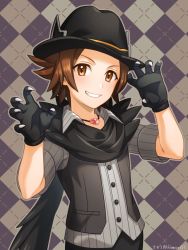 Rule 34 | 1boy, black gloves, black hat, black scarf, blush, brown eyes, brown hair, buttons, claw pose, clenched teeth, collared shirt, commentary request, creatures (company), game freak, gloves, grey shirt, hands up, hat, highres, hilbert (fall 2020) (pokemon), hilbert (pokemon), jewelry, looking at viewer, male focus, nagiru, necklace, nintendo, official alternate costume, pokemon, pokemon masters ex, scarf, shirt, sleeves rolled up, smile, solo, teeth, vest
