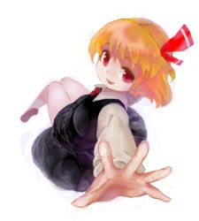 Rule 34 | 1girl, bad id, bad pixiv id, blonde hair, embodiment of scarlet devil, fangs, female focus, hair ribbon, open mouth, outstretched arms, red eyes, ribbon, rumia, short hair, simple background, solo, touhou, white background, yuubari makuwa