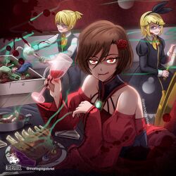 Rule 34 | 1boy, 2girls, akujiki musume conchita (vocaloid), arte (evillious nendaiki), artist logo, banica conchita, bare shoulders, black bow, black dress, black jacket, black pants, blonde hair, blood, blood from mouth, blood on face, blood splatter, bloody knife, blue eyes, bone, boned meat, bow, breasts, brooch, brown hair, choker, collarbone, collared shirt, corset, cup, detached sleeves, disembodied eye, disembodied tentacle, dress, drink, drinking blood, eating, evil smile, evillious nendaiki, eyeball, flower, folded napkin, food, glass of conchita, guro, hair bow, hair flower, hair ornament, hairband, hairclip, half-closed eyes, holding, holding cup, holding drink, horror (theme), jacket, jewelry, kagamine len, kagamine rin, knife, large breasts, looking at viewer, mario gagabriel, meat, meiko (vocaloid), multiple girls, napkin, neckerchief, necktie, pants, plate, pollo (evillious nendaiki), red eyes, red flower, red lips, red rose, rose, rotten, severed finger, severed tentacle, shirt, short hair, short ponytail, sleeveless, sleeveless jacket, smell, smile, swept bangs, throne, twitter username, vessel of sin, vocaloid, wide sleeves, yellow neckerchief, yellow necktie