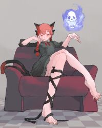 Rule 34 | 1girl, animal ears, barefoot, black dress, black neckwear, black ribbon, blue fire, braid, cat ears, cat tail, checkered floor, choker, claws, couch, cross-laced clothes, cross-laced legwear, dress, extra ears, feet, finger to mouth, fingernails, fire, fire, floor, frilled dress, frilled sleeves, frills, from below, full body, grey background, hair ornament, hair ribbon, hand up, highres, indoors, kaenbyou rin, leg ribbon, legs, crossed legs, lips, long fingernails, long hair, long sleeves, long toenails, looking at viewer, looking down, motsuni (artist), multiple tails, nail polish, open hand, pink lips, pink nails, red eyes, red hair, red ribbon, ribbon, shadow, sharp fingernails, sharp toenails, sitting, skull, solo, spirit, tail, toenails, toes, touhou, tsurime, twin braids, twintails, two tails