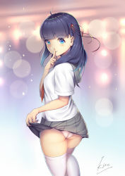 Rule 34 | 1girl, ahoge, ass, backlighting, bad id, bad pixiv id, blue eyes, blunt bangs, blurry, blush, bokeh, breasts, clothes lift, depth of field, finger to mouth, hair ornament, lifted by self, looking at viewer, looking back, original, panties, pantyshot, parted lips, pleated skirt, purple hair, school uniform, serafuku, signature, skirt, skirt lift, small breasts, smile, solo, thighhighs, underwear, white thighhighs, xiaosan ye