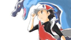 Rule 34 | 1boy, adjusting clothes, adjusting headwear, arm at side, baseball cap, black eyes, black hair, black shirt, blue fire, breath weapon, breathing fire, bright pupils, charizard, closed mouth, covered collarbone, creatures (company), dragon, fangs, fire, from side, game freak, gen 1 pokemon, hand up, hat, jacket, koma sk, long sleeves, male focus, matching hair/eyes, mega charizard x, mega pokemon, nintendo, open mouth, pokemon, pokemon (creature), pokemon masters ex, red (pokemon), red (sygna suit) (pokemon), red eyes, red headwear, red jacket, serious, shirt, short hair, simple background, sleeveless, sleeveless jacket, standing, tongue, upper body, v-shaped eyebrows, white background, white pupils