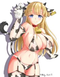 Rule 34 | 1girl, absurdres, animal ears, animal print, baby duck kai, bell, blonde hair, blue eyes, bottle, breasts, cleavage, closed mouth, cow ears, cow girl, cow horns, cow print, cow tail, cowbell, fletcher (kancolle), garter straps, highres, horns, kantai collection, kneehighs, large breasts, long hair, looking at viewer, milk bottle, navel, smile, socks, solo, tail