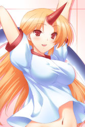 Rule 34 | 1girl, 47agdragon, arms up, blonde hair, breasts, female focus, horns, hoshiguma yuugi, impossible clothes, impossible shirt, large breasts, long hair, midriff, navel, open mouth, red eyes, shirt, single horn, smile, solo, t-shirt, taut clothes, taut shirt, touhou