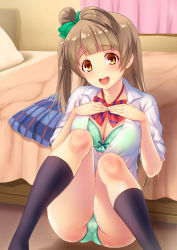 Rule 34 | 10s, 1girl, :d, bed, bedroom, black socks, blunt bangs, blush, bow, bowtie, bra, breasts, brown eyes, brown hair, buttons, cameltoe, cleavage, curtains, green bow, green bra, green panties, hair bow, highres, indoors, kneehighs, large breasts, long hair, looking at viewer, love live!, love live! school idol project, minami kotori, no pants, on floor, one side up, open clothes, open mouth, open shirt, panties, pillow, pleated skirt, rokko, round teeth, school uniform, see-through, shadow, shirt, side ponytail, sitting, skirt, smile, socks, solo, striped bow, striped bowtie, striped clothes, striped neckwear, teeth, underwear, unworn skirt
