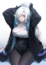 Rule 34 | 1girl, absurdres, arms up, black coat, black gloves, black pantyhose, blue background, blue eyes, breasts, coat, fingerless gloves, genshin impact, gloves, gradient background, hair over one eye, highres, jinribbit, large breasts, long hair, long sleeves, looking at viewer, open clothes, open coat, pantyhose, shenhe (genshin impact), shirt, sitting, smile, solo, thighs, very long hair, white background, white hair, white shirt