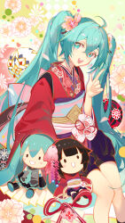 Rule 34 | 1girl, :d, black shorts, blue eyes, blue hair, character doll, chinese commentary, commentary request, flower, hair between eyes, hair flower, hair ornament, hatsune miku, highres, indai (3330425), index finger raised, japanese clothes, kimono, long hair, long sleeves, looking at viewer, obi, open mouth, pink flower, red kimono, sash, shorts, smile, solo, twintails, very long hair, vocaloid