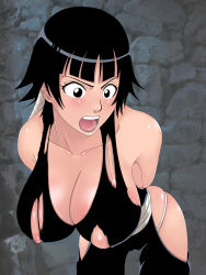Rule 34 | 00s, ass, bent over, black eyes, black hair, bleach, blush, breasts, cleavage, diisuke, hanging breasts, highres, large breasts, leaning forward, nipple slip, nipples, short hair, sui-feng, torn clothes